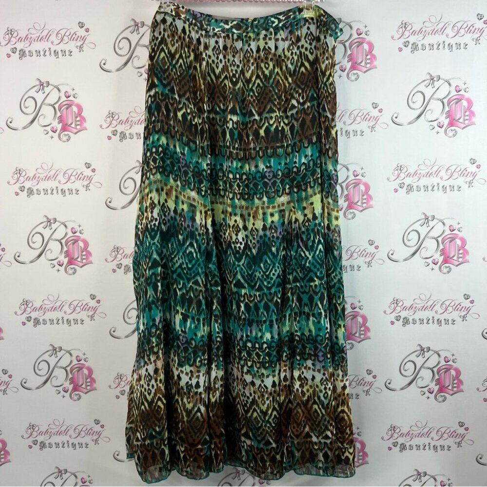 TanJay skirt long tiered Aztec boho ombré skirt Green and Brown Maxi Skirt